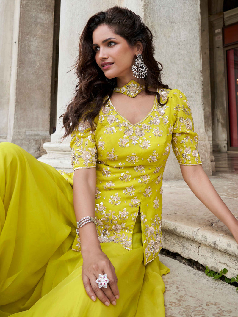 Mustard Yellow Floral Embroidered Organza Palazzo Set