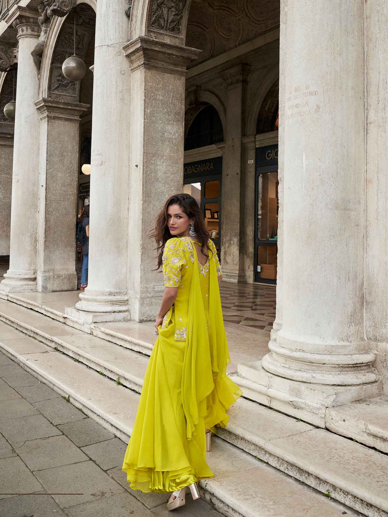 Mustard Yellow Floral Embroidered Organza Palazzo Set