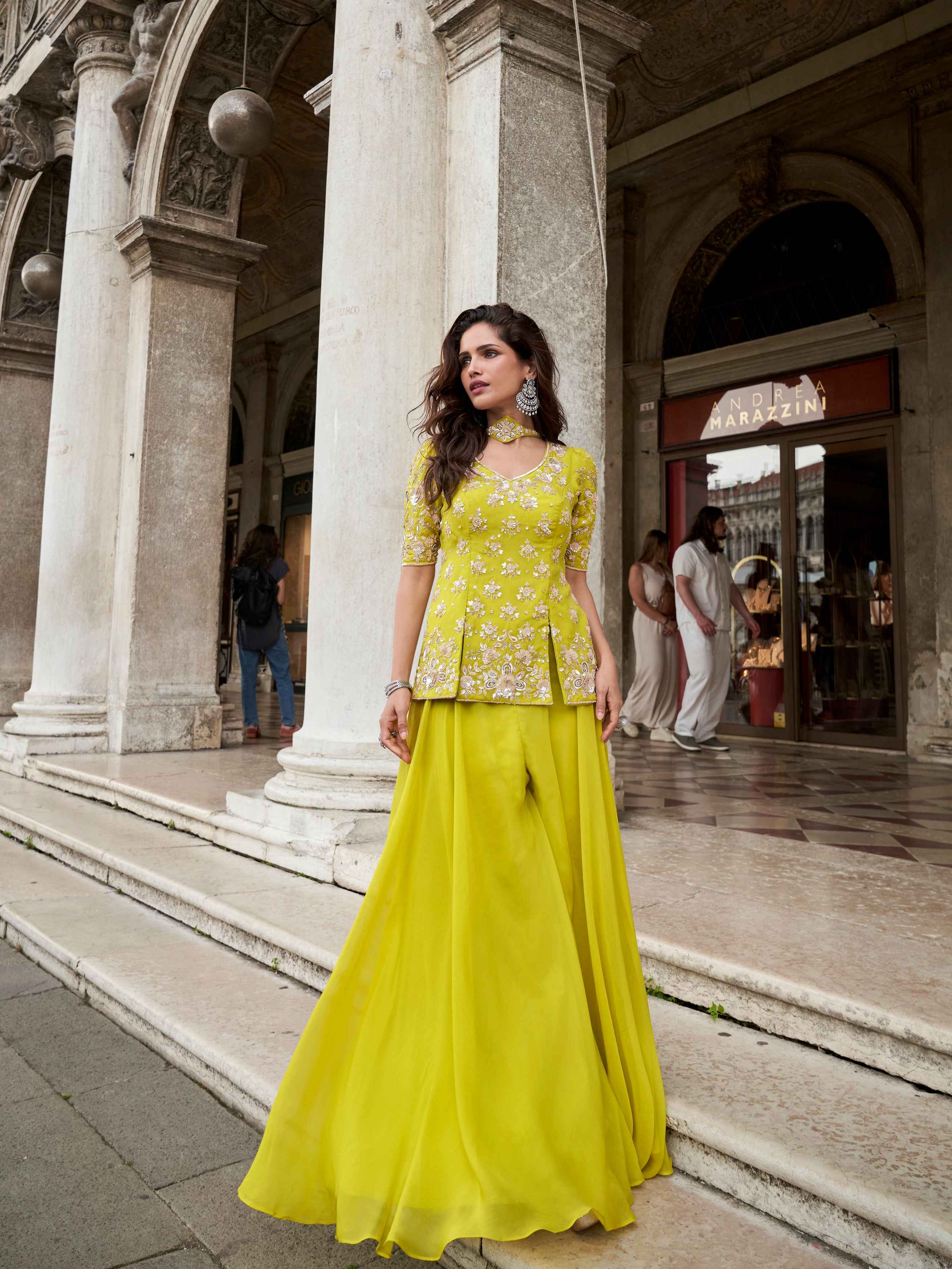 Mustard Yellow Floral Embroidered Organza Palazzo Set
