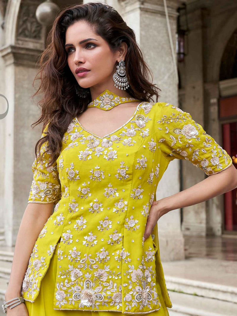Mustard Yellow Floral Embroidered Organza Palazzo Set