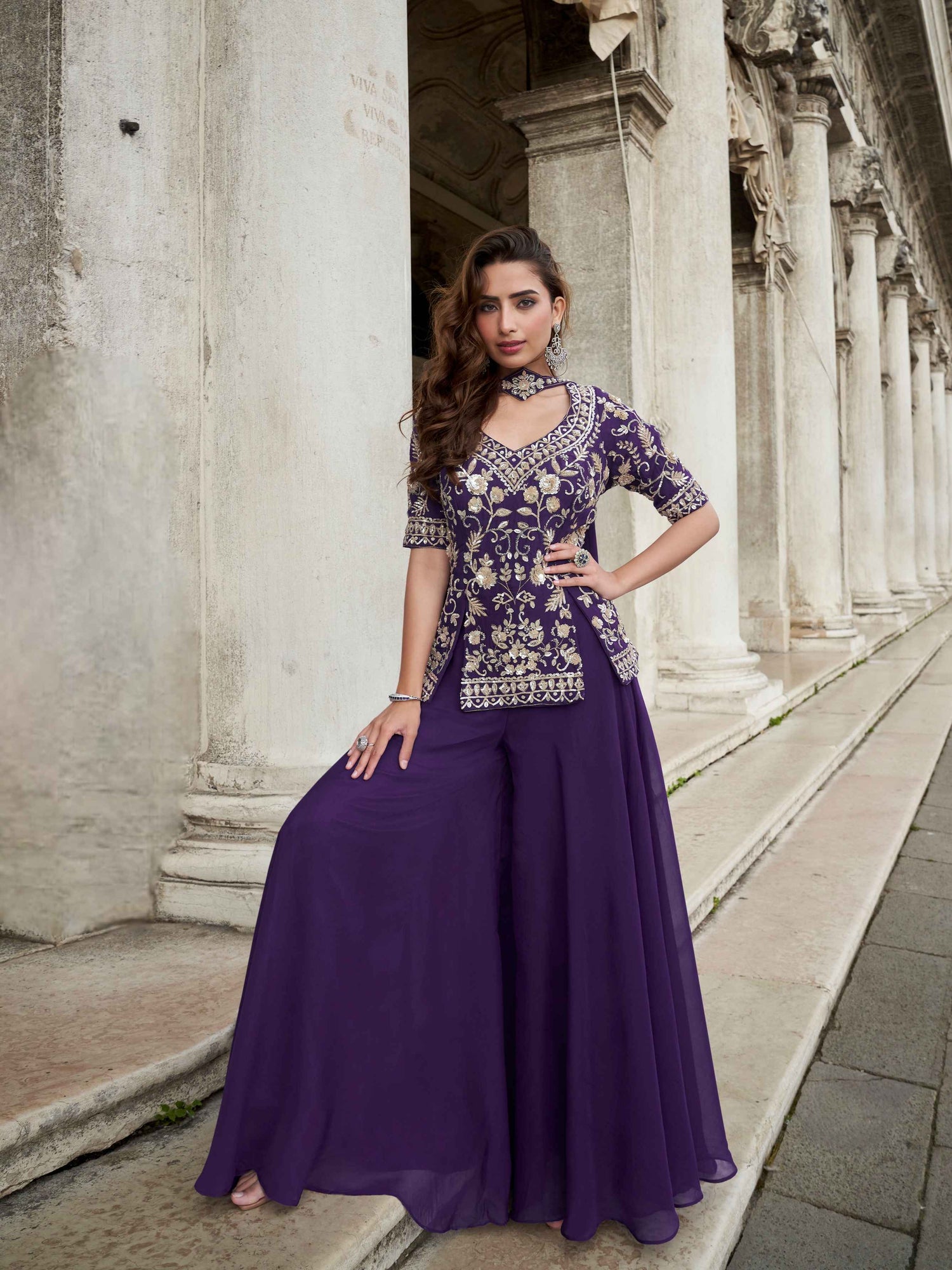 Royal Purple Heavy Embroidered Organza Palazzo Suit Palazzo Set Anant Tex Exports Pvt.Ltd..