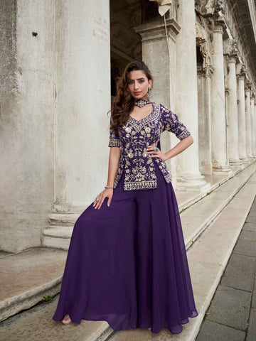 Royal Purple Heavy Embroidered Organza Palazzo Suit