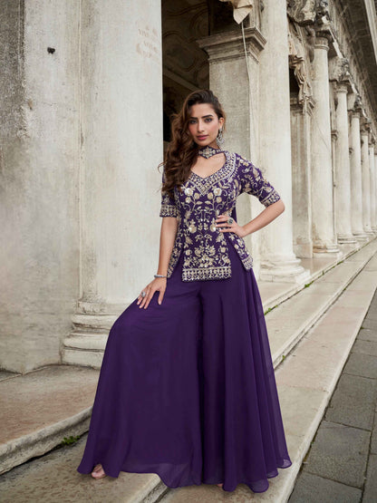 Royal Purple Heavy Embroidered Organza Palazzo Suit Palazzo Set Anant Tex Exports Pvt.Ltd..