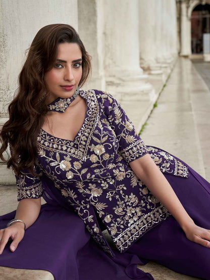 Royal Purple Heavy Embroidered Organza Palazzo Suit Palazzo Set Anant Tex Exports Pvt.Ltd..