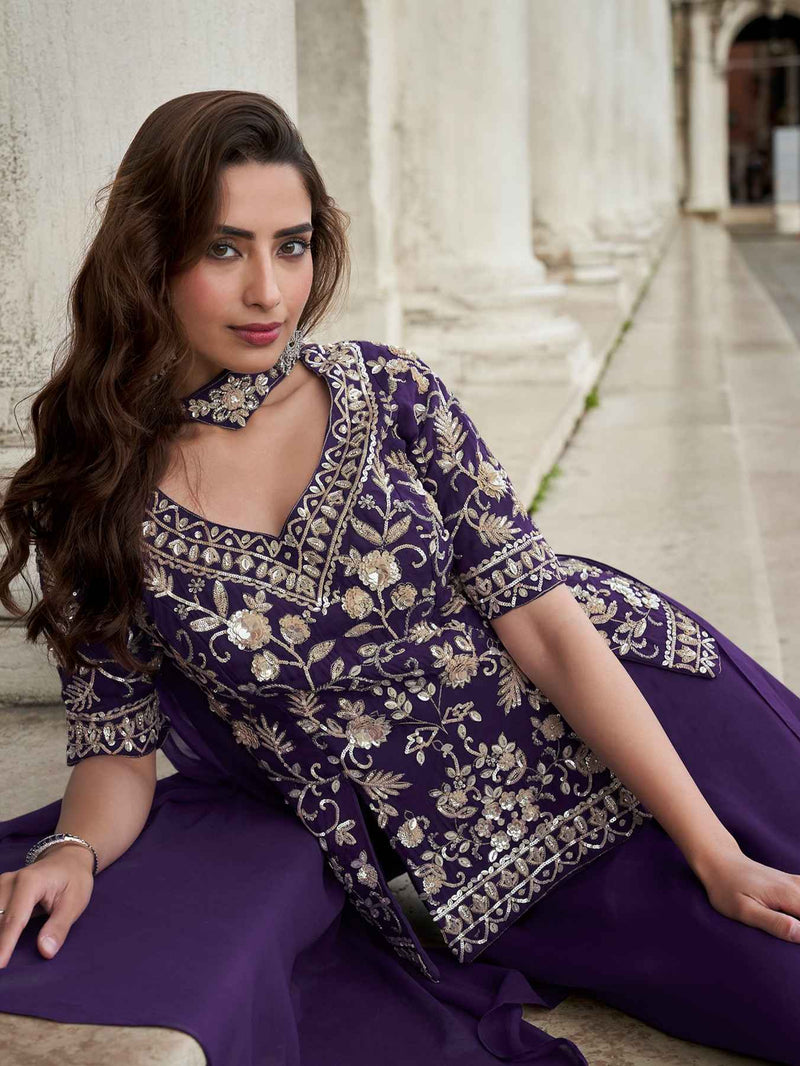 Royal Purple Heavy Embroidered Organza Palazzo Suit