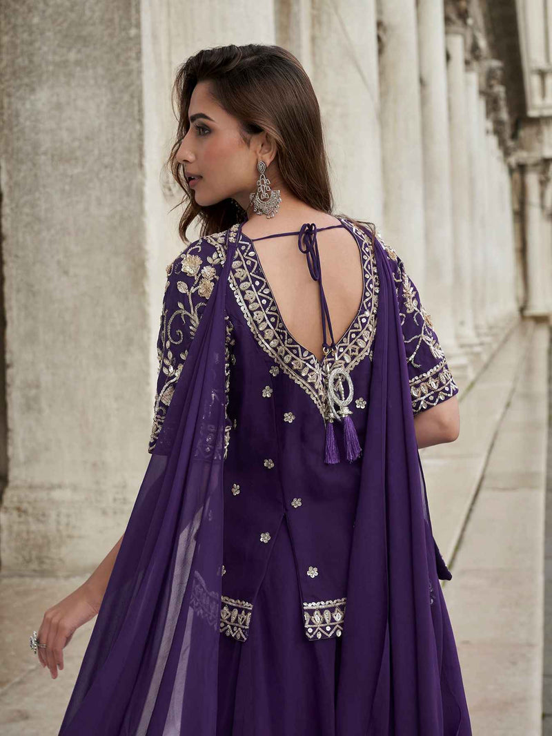 Royal Purple Heavy Embroidered Organza Palazzo Suit