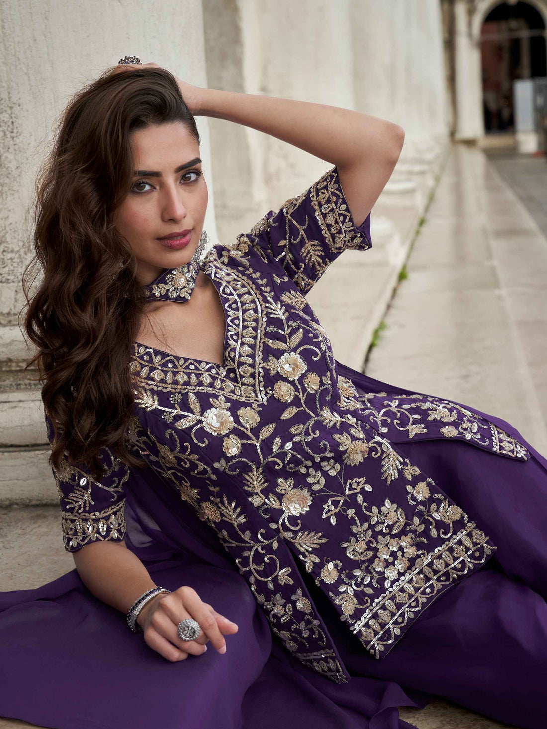 Royal Purple Heavy Embroidered Organza Palazzo Suit