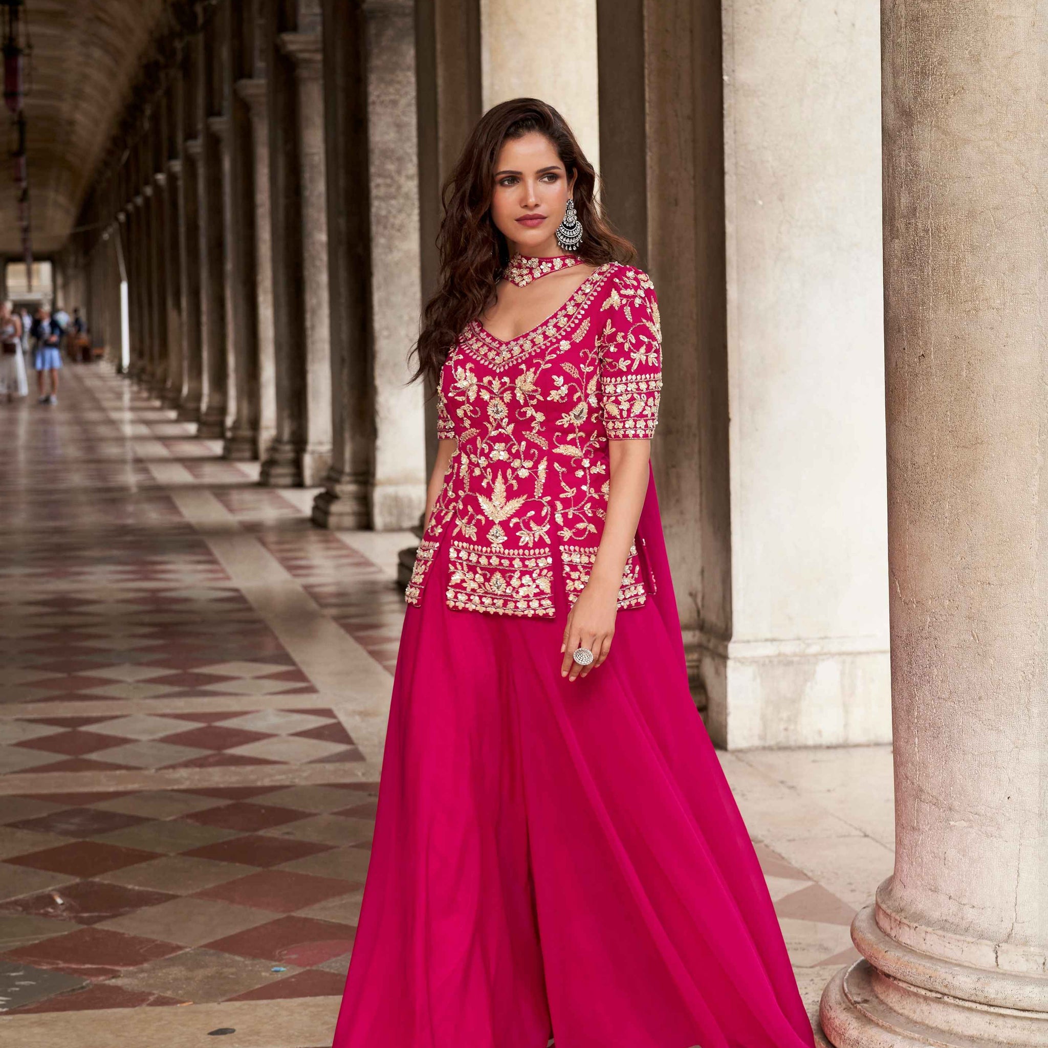 Rani Pink Designer Embroidered Organza Palazzo Set with Dupatta