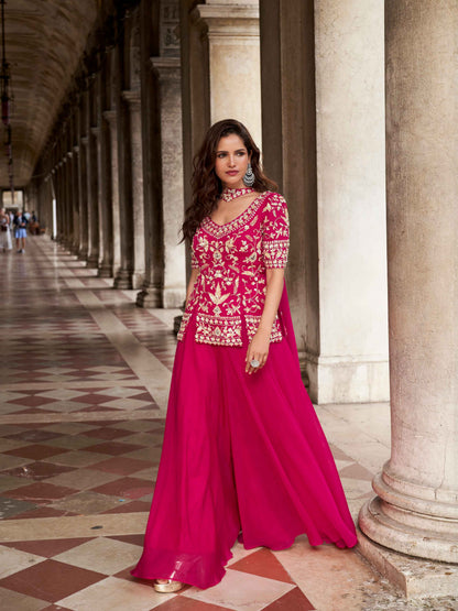 Rani Pink Designer Embroidered Organza Palazzo Set with Dupatta Palazzo Set Anant Tex Exports Pvt.Ltd..
