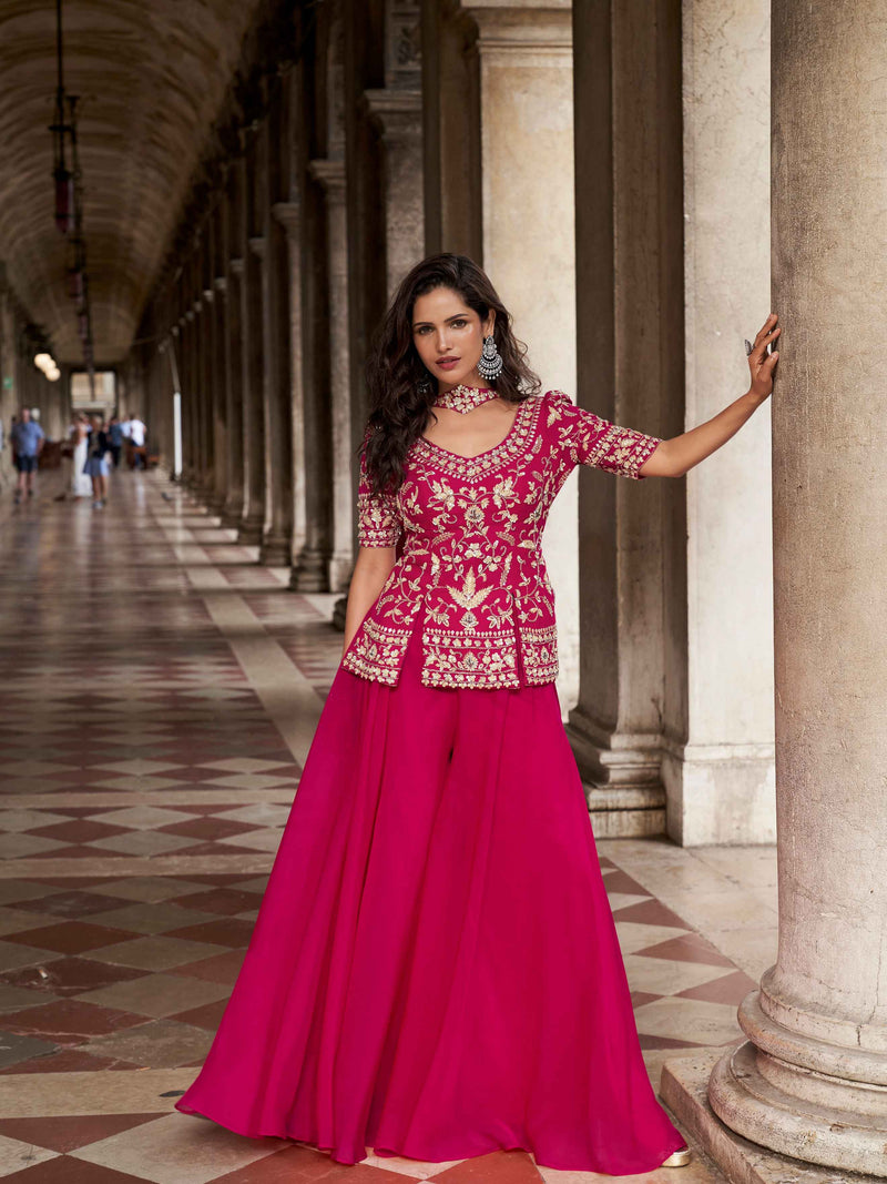 Rani Pink Designer Embroidered Organza Palazzo Set with Dupatta