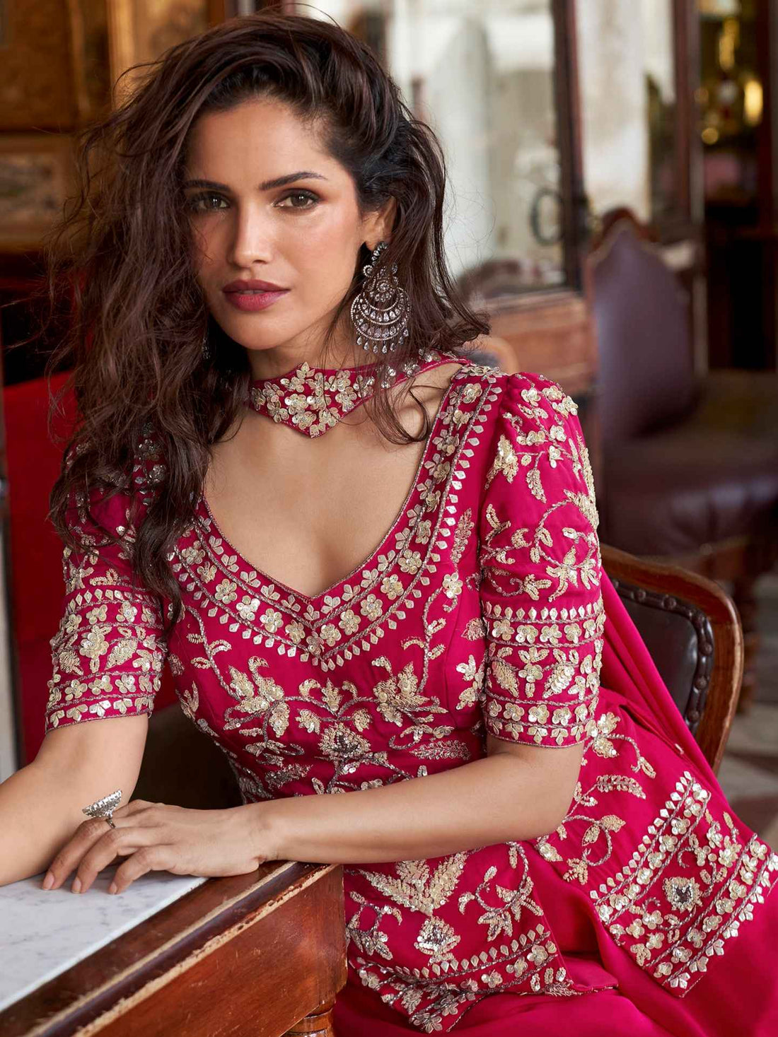 Rani Pink Designer Embroidered Organza Palazzo Set with Dupatta