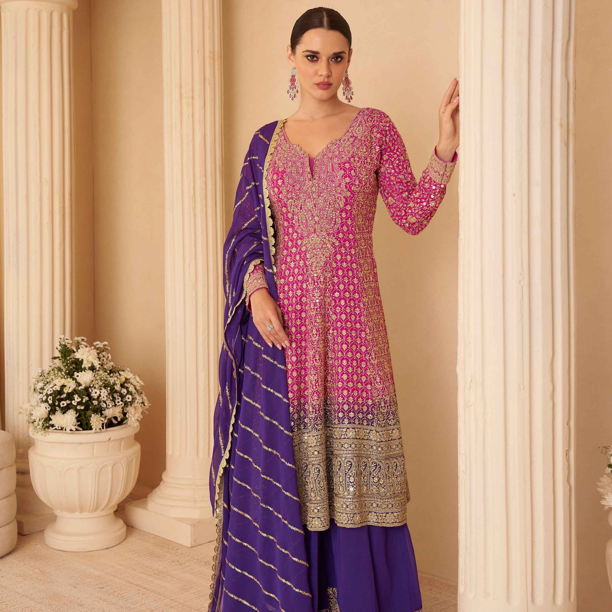 Pink Ombre Heavy Embroidered Georgette Sharara Set with Purple Dupatta