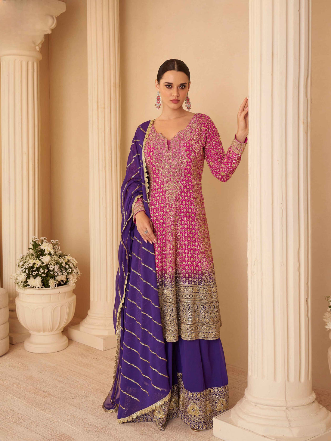 Pink Ombre Heavy Embroidered Georgette Sharara Set with Purple Dupatta Sharara Suit Anant Tex Exports Pvt.Ltd..