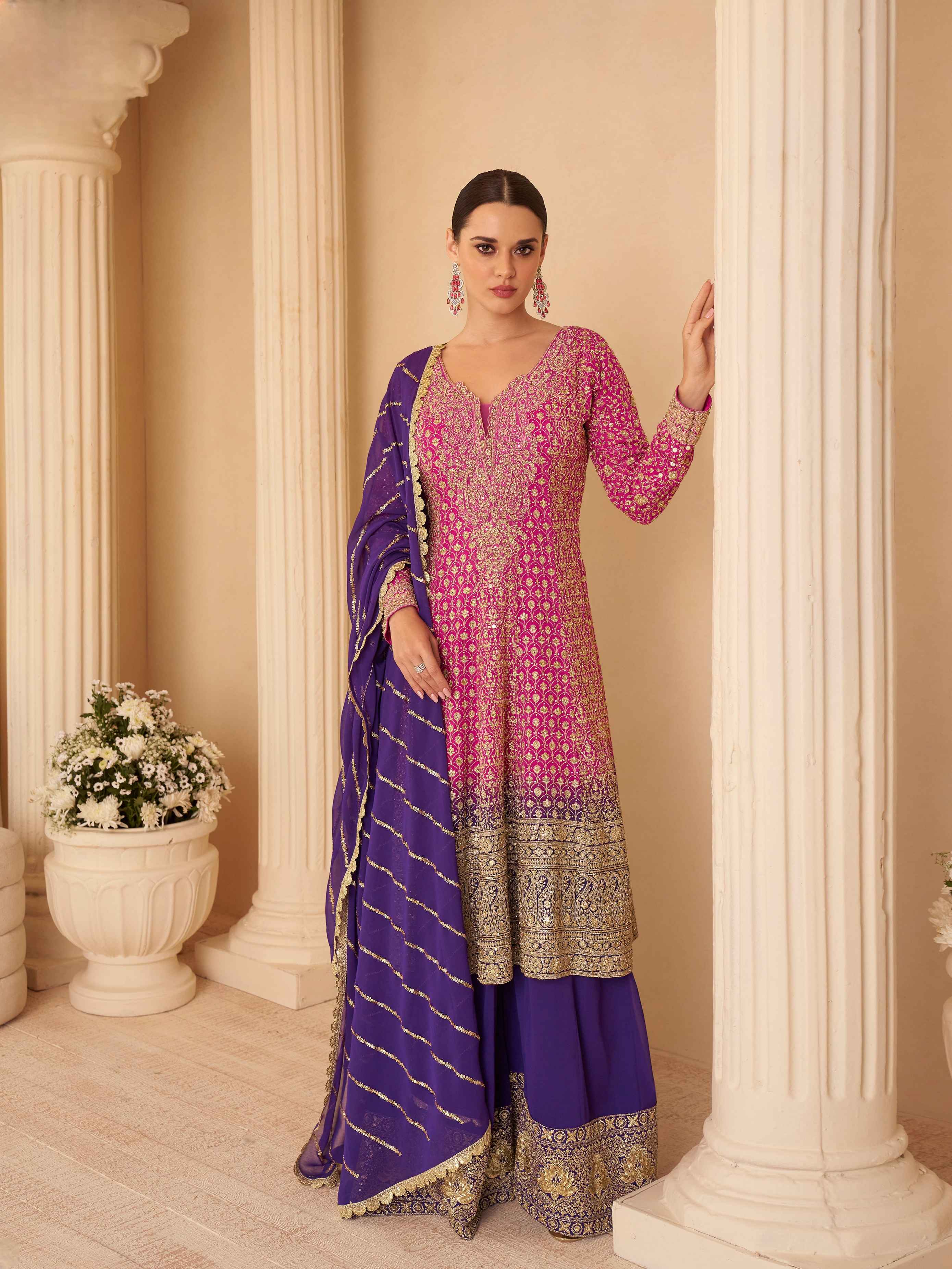Pink Ombre Heavy Embroidered Georgette Sharara Set with Purple Dupatta