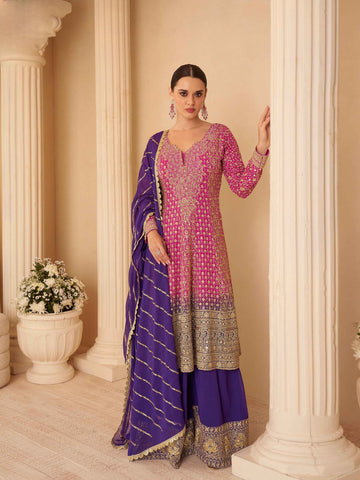 Pink Ombre Heavy Embroidered Georgette Sharara Set with Purple Dupatta