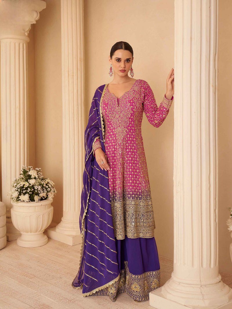 Pink Ombre Heavy Embroidered Georgette Sharara Set with Purple Dupatta