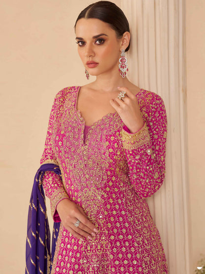 Pink Ombre Heavy Embroidered Georgette Sharara Set with Purple Dupatta Sharara Suit Anant Tex Exports Pvt.Ltd..