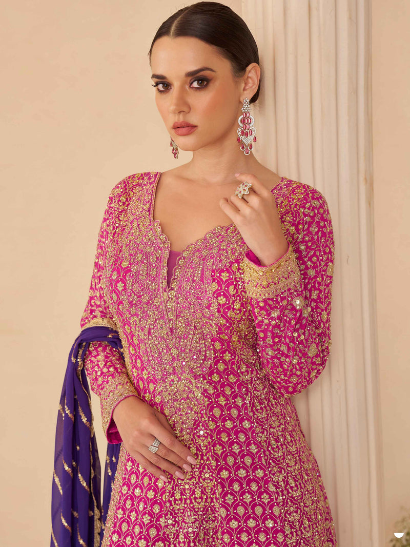 Pink Ombre Heavy Embroidered Georgette Sharara Set with Purple Dupatta