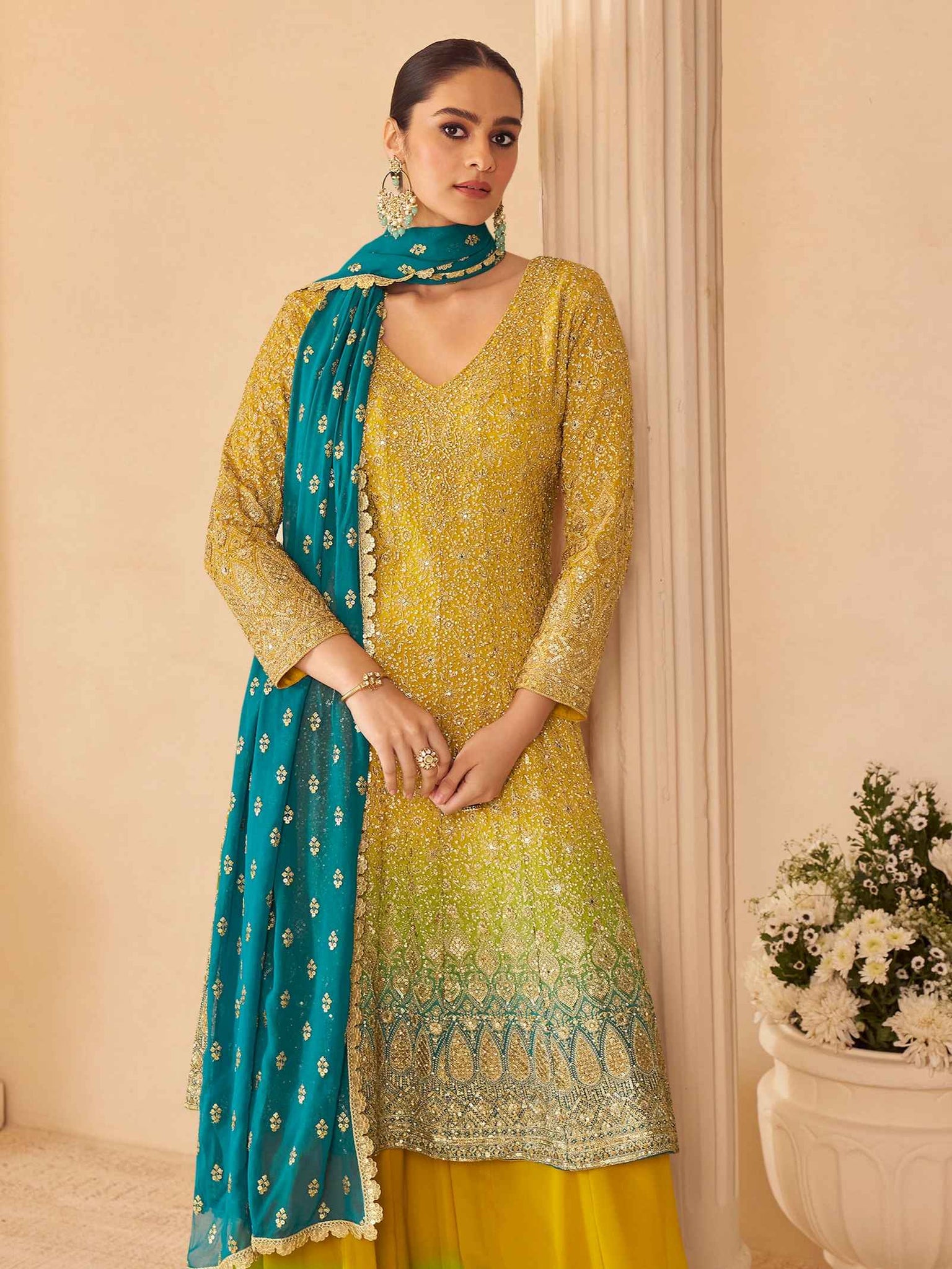 Yellow Ombre Georgette Sharara Suit with Teal Embroidered Dupatta