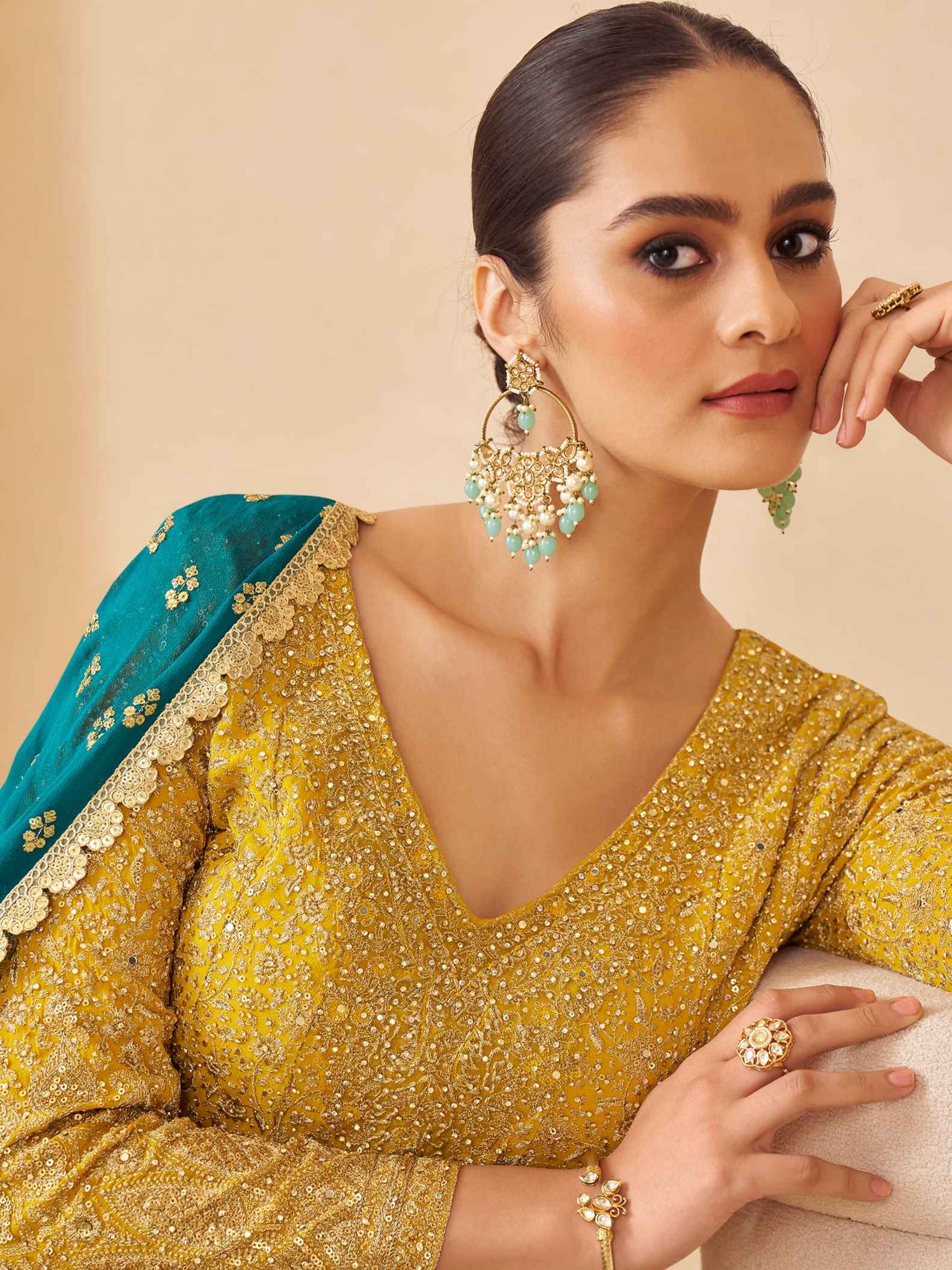 Yellow Ombre Georgette Sharara Suit with Teal Embroidered Dupatta