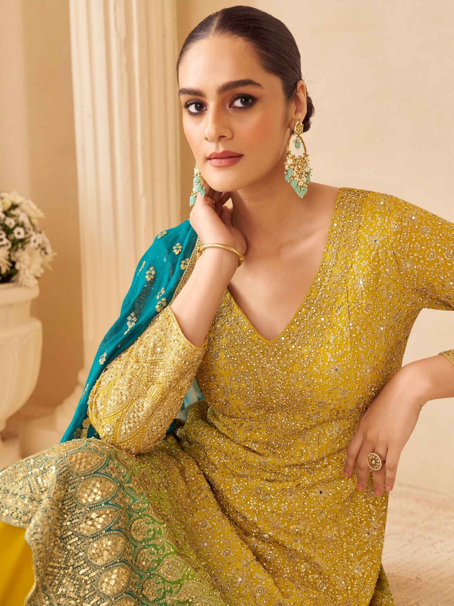 Yellow Ombre Georgette Sharara Suit with Teal Embroidered Dupatta Sharara Suit Anant Tex Exports Pvt.Ltd..