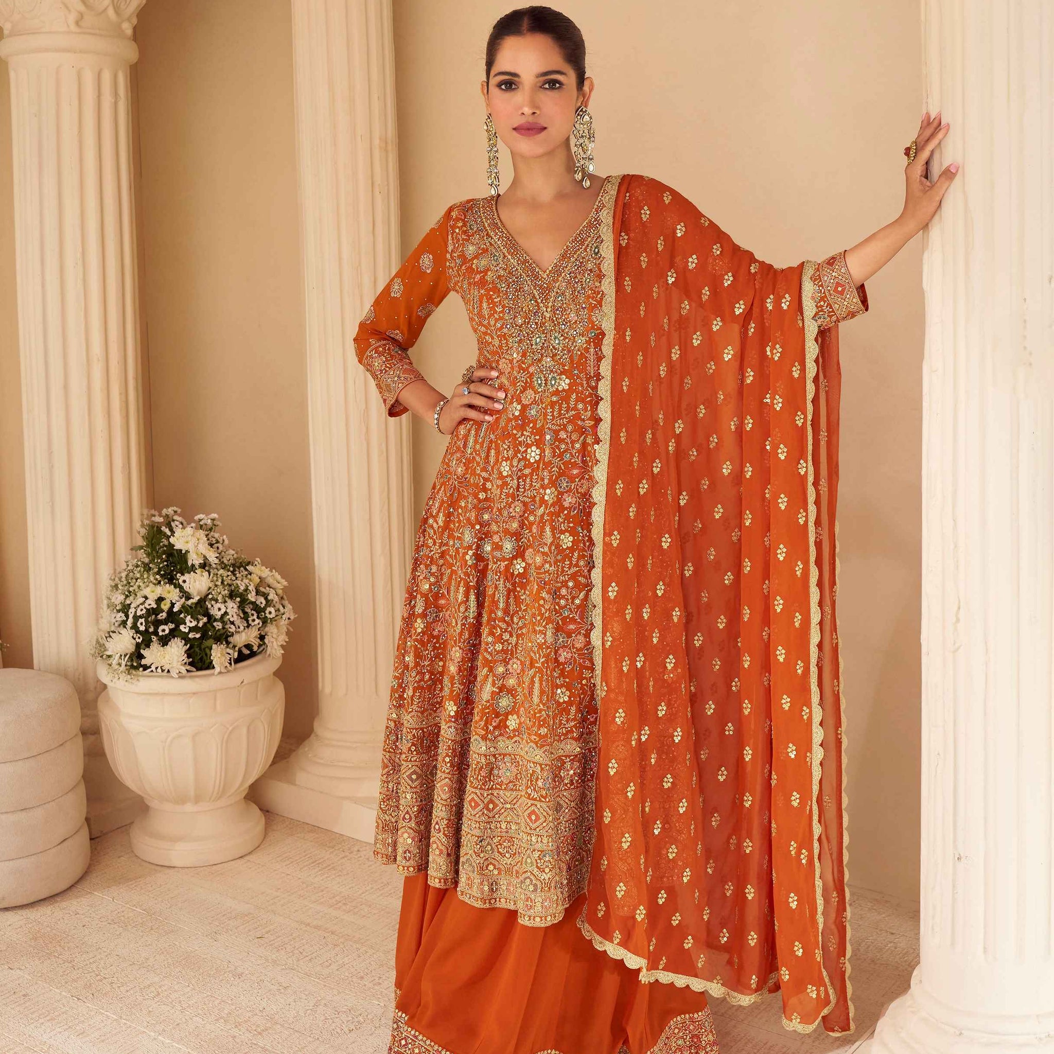 Rust Orange Heavy Embroidered Georgette Sharara Suit