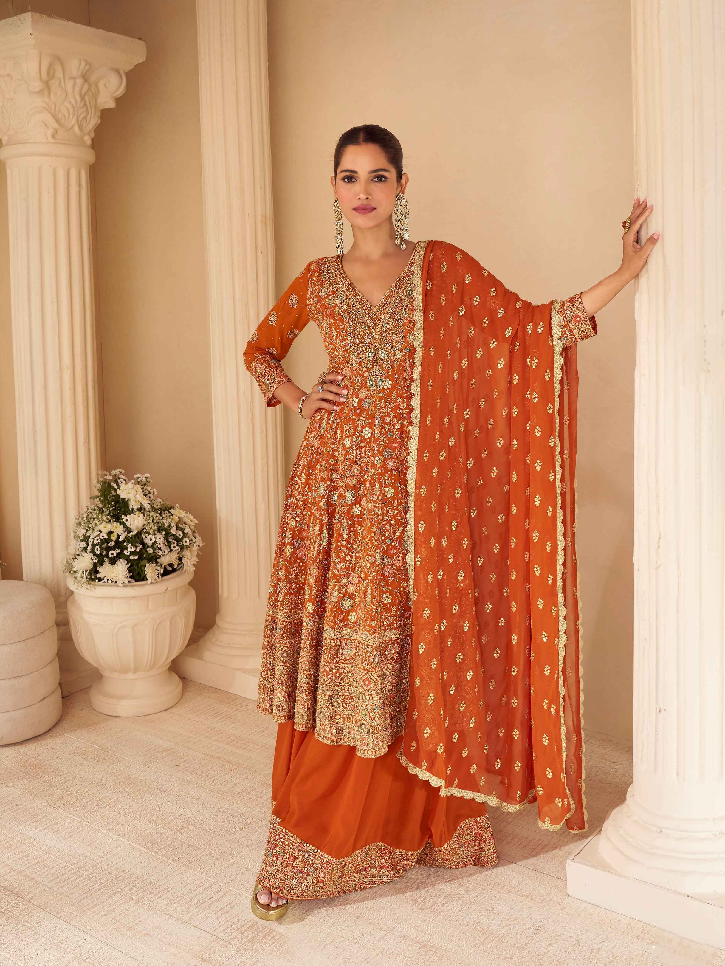 Rust Orange Heavy Embroidered Georgette Sharara Suit