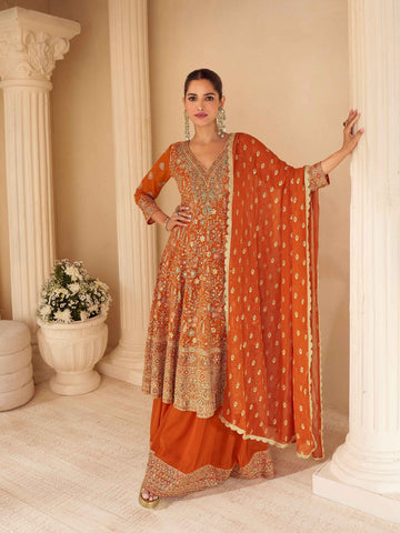 Rust Orange Heavy Embroidered Georgette Sharara Suit