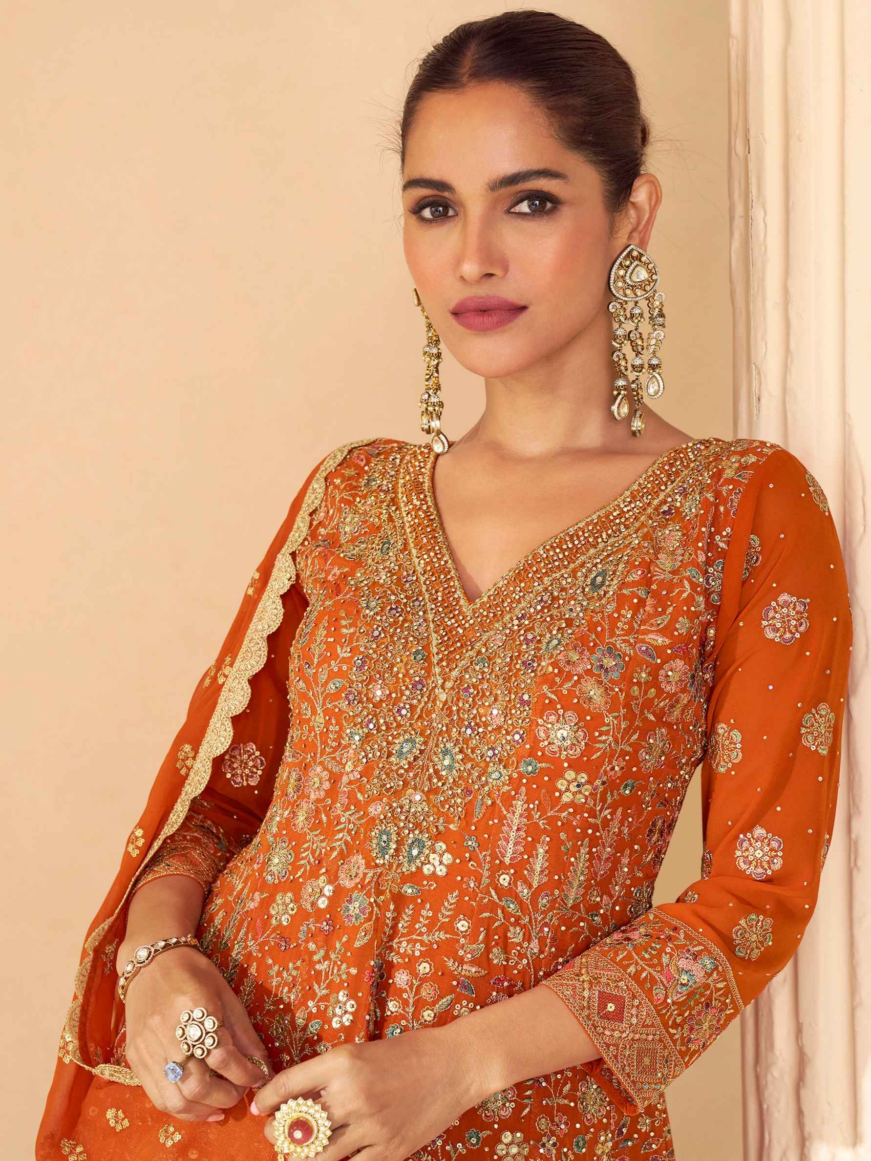 Rust Orange Heavy Embroidered Georgette Sharara Suit