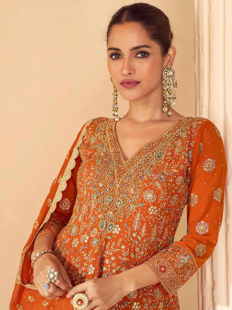 Rust Orange Heavy Embroidered Georgette Sharara Suit