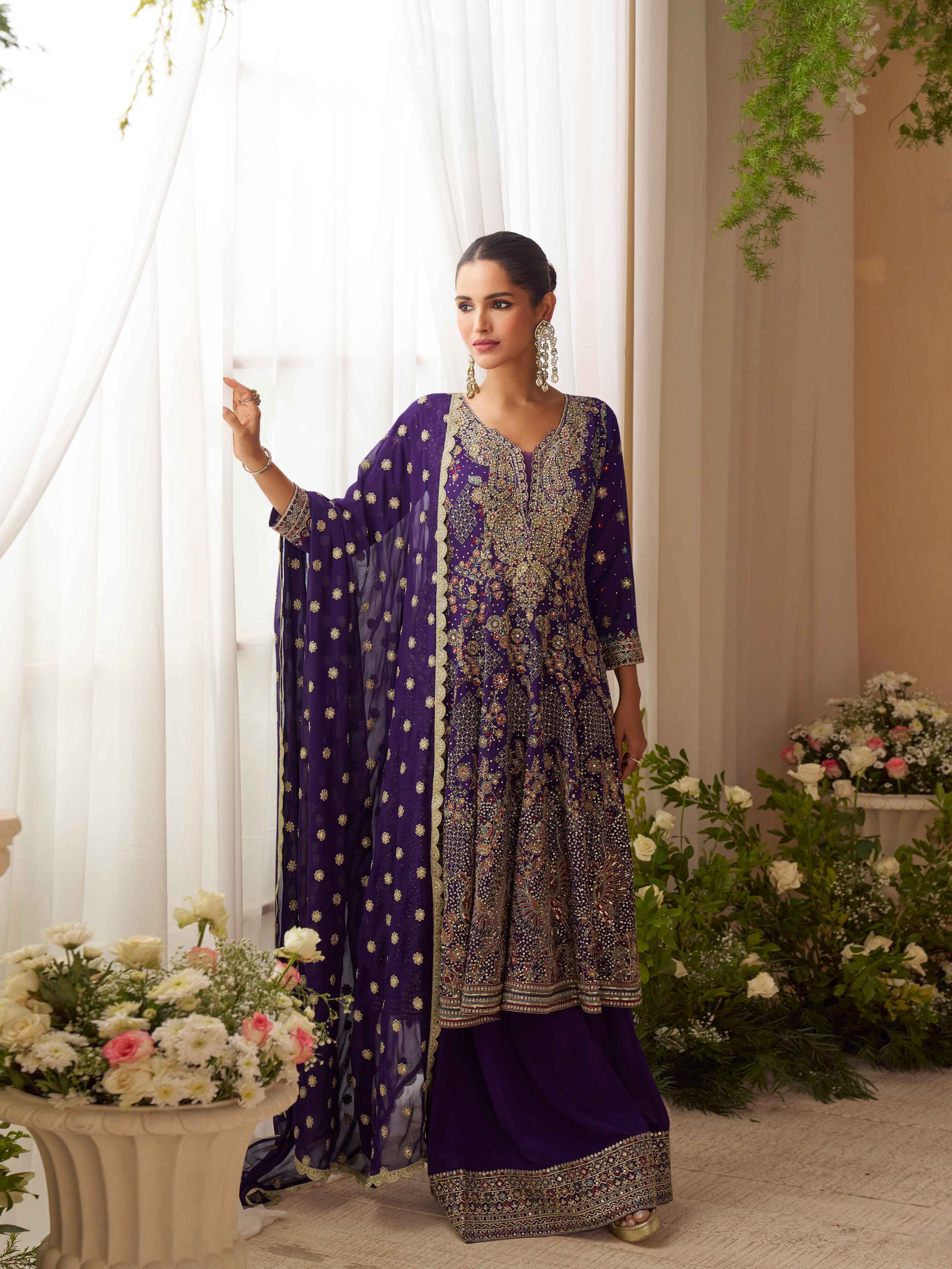 Royal Purple Heavy Embroidered Sharara Set with Matching Dupatta