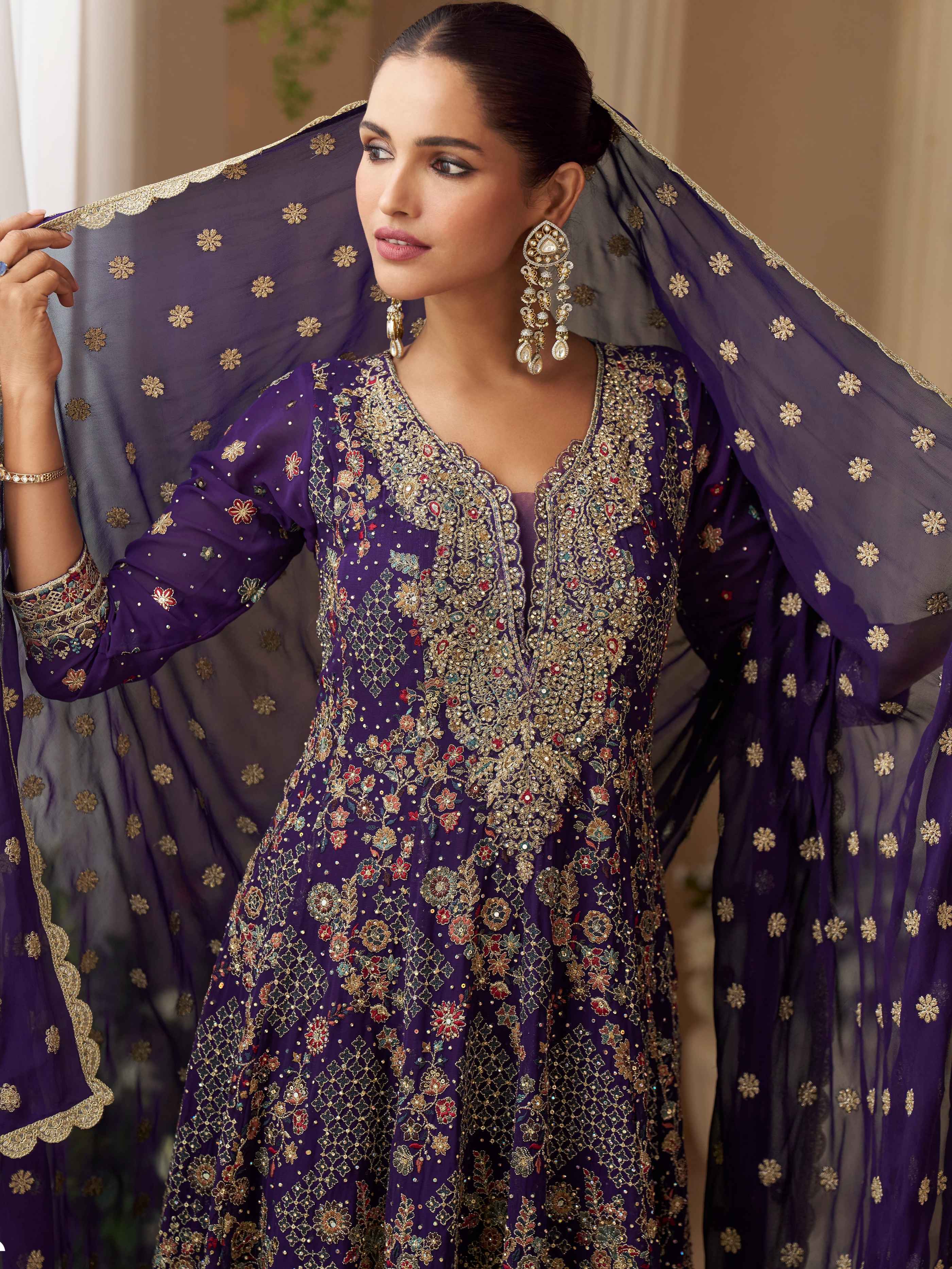 Royal Purple Heavy Embroidered Sharara Set with Matching Dupatta