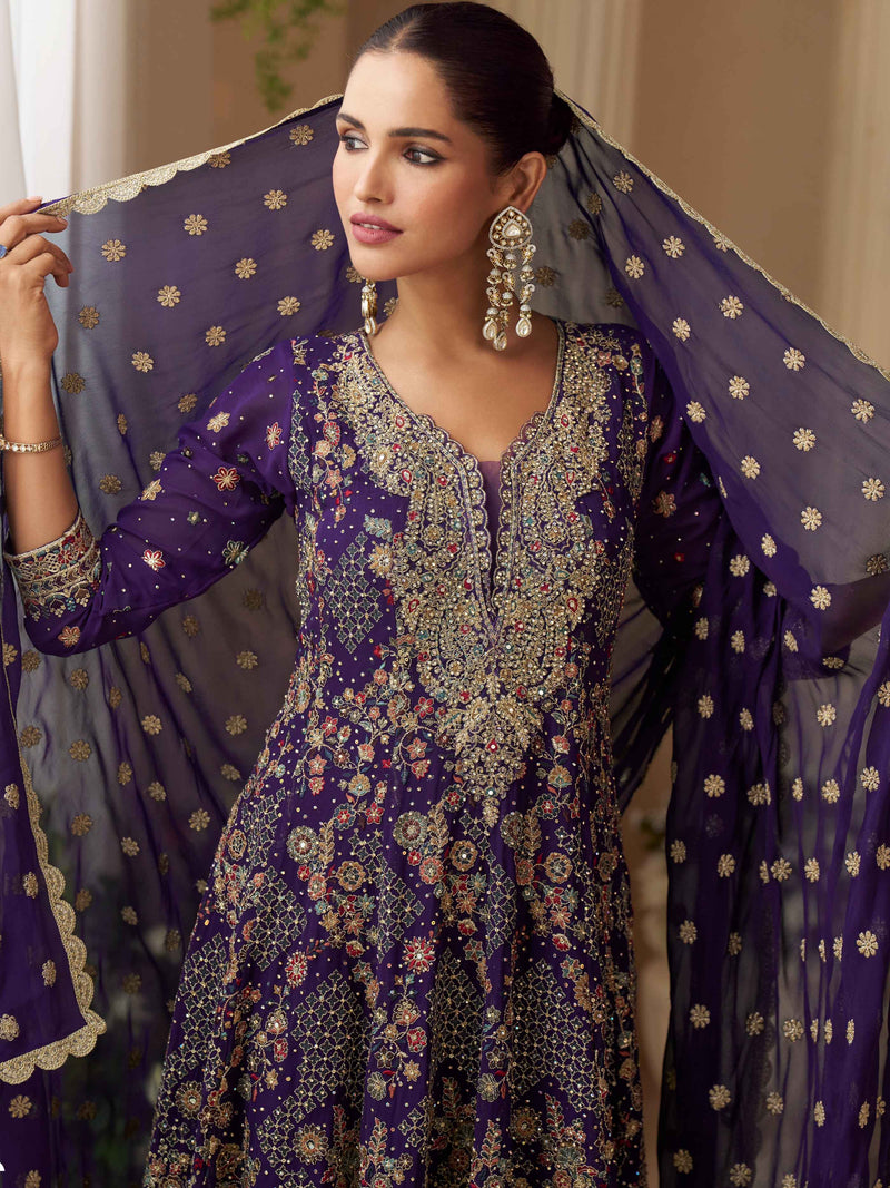 Royal Purple Heavy Embroidered Sharara Set with Matching Dupatta