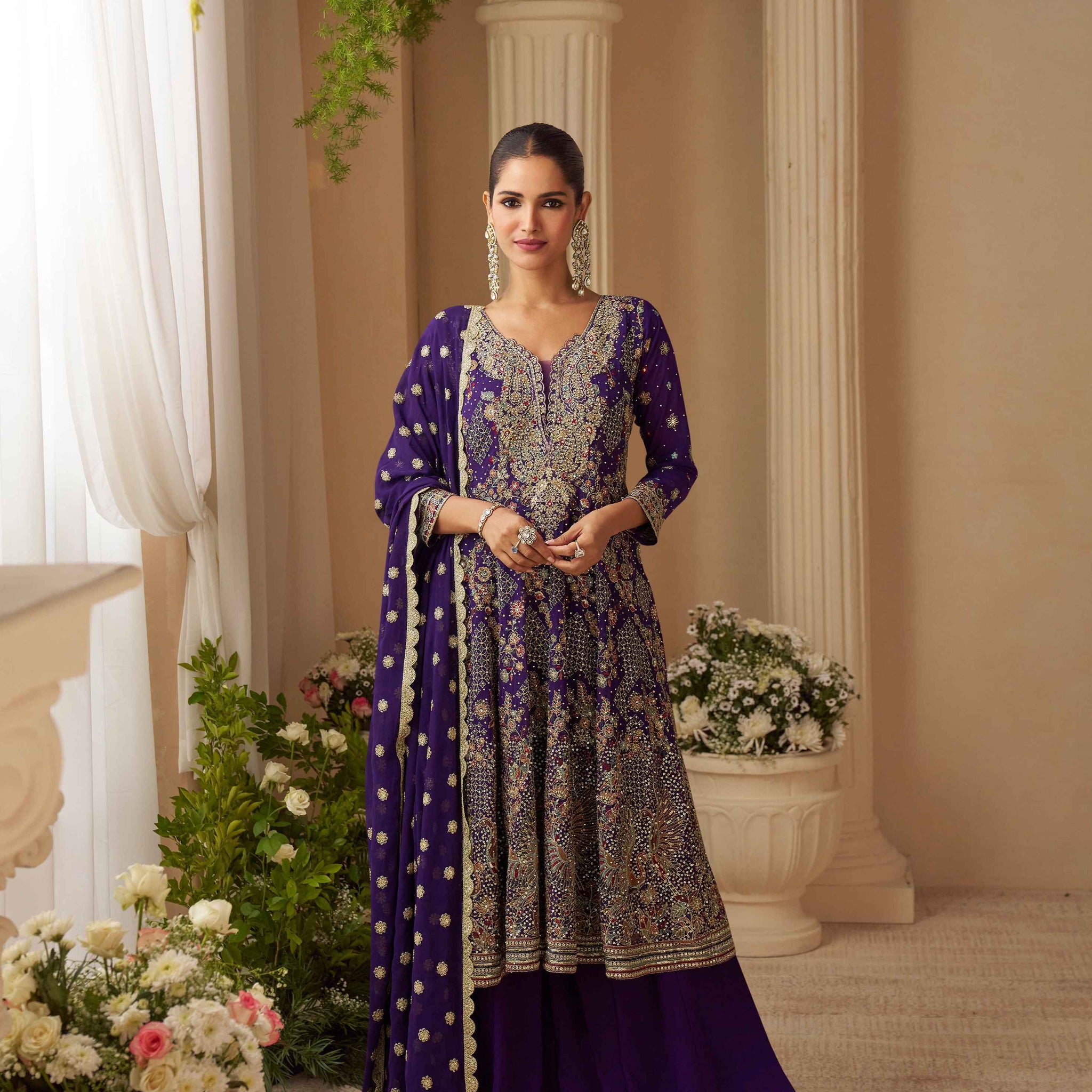 Royal Purple Heavy Embroidered Sharara Set with Matching Dupatta