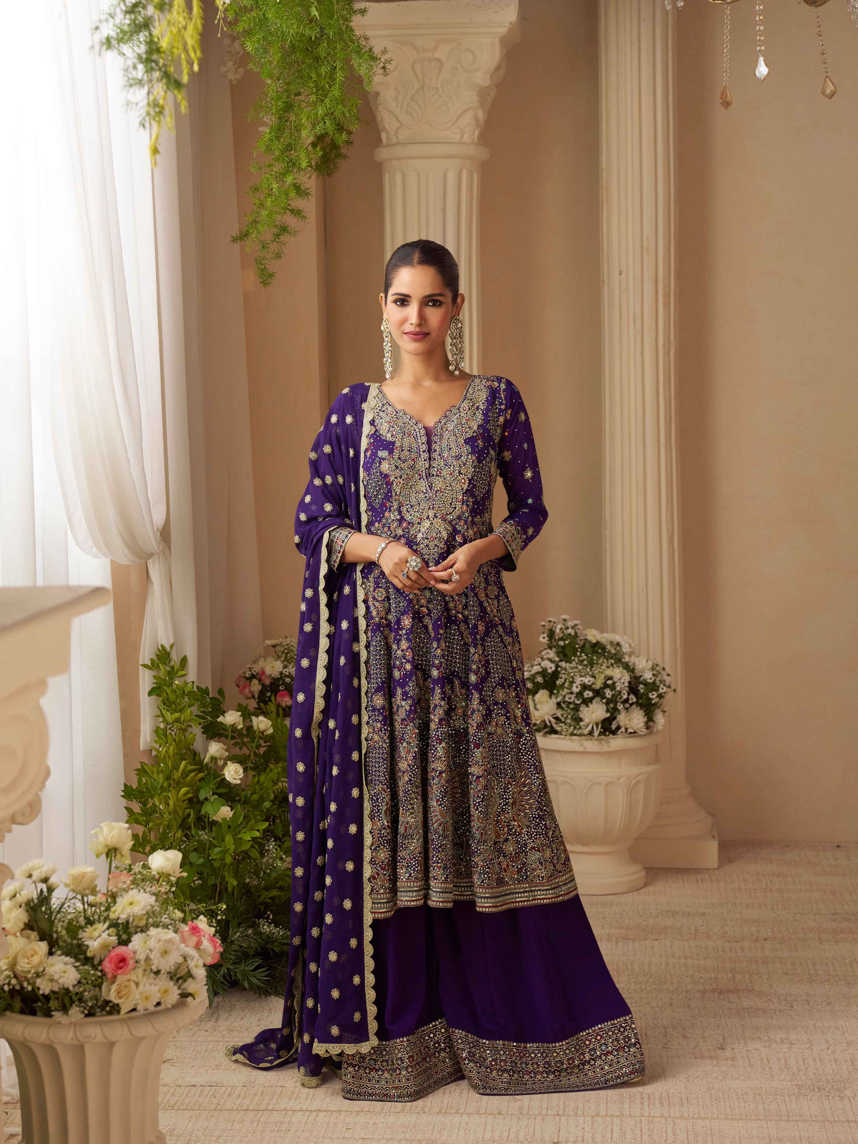Royal Purple Heavy Embroidered Sharara Set with Matching Dupatta
