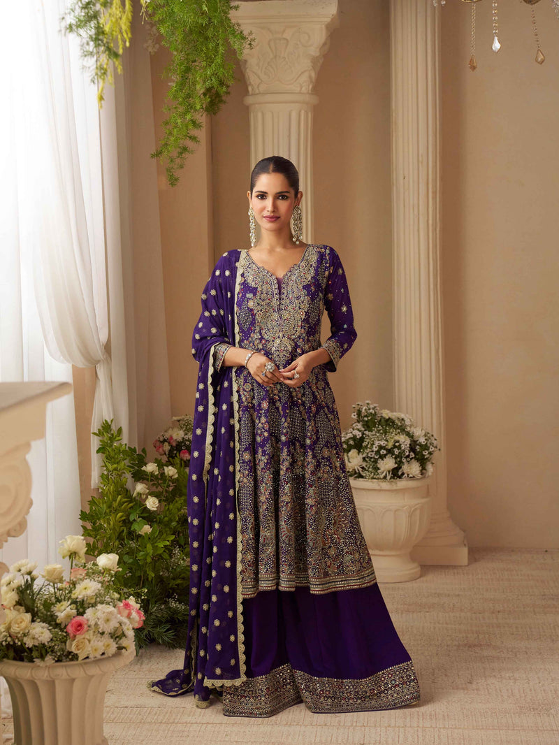 Royal Purple Heavy Embroidered Sharara Set with Matching Dupatta