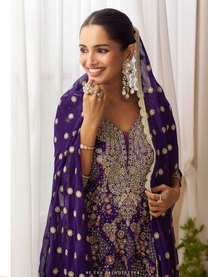 Royal Purple Heavy Embroidered Sharara Set with Matching Dupatta