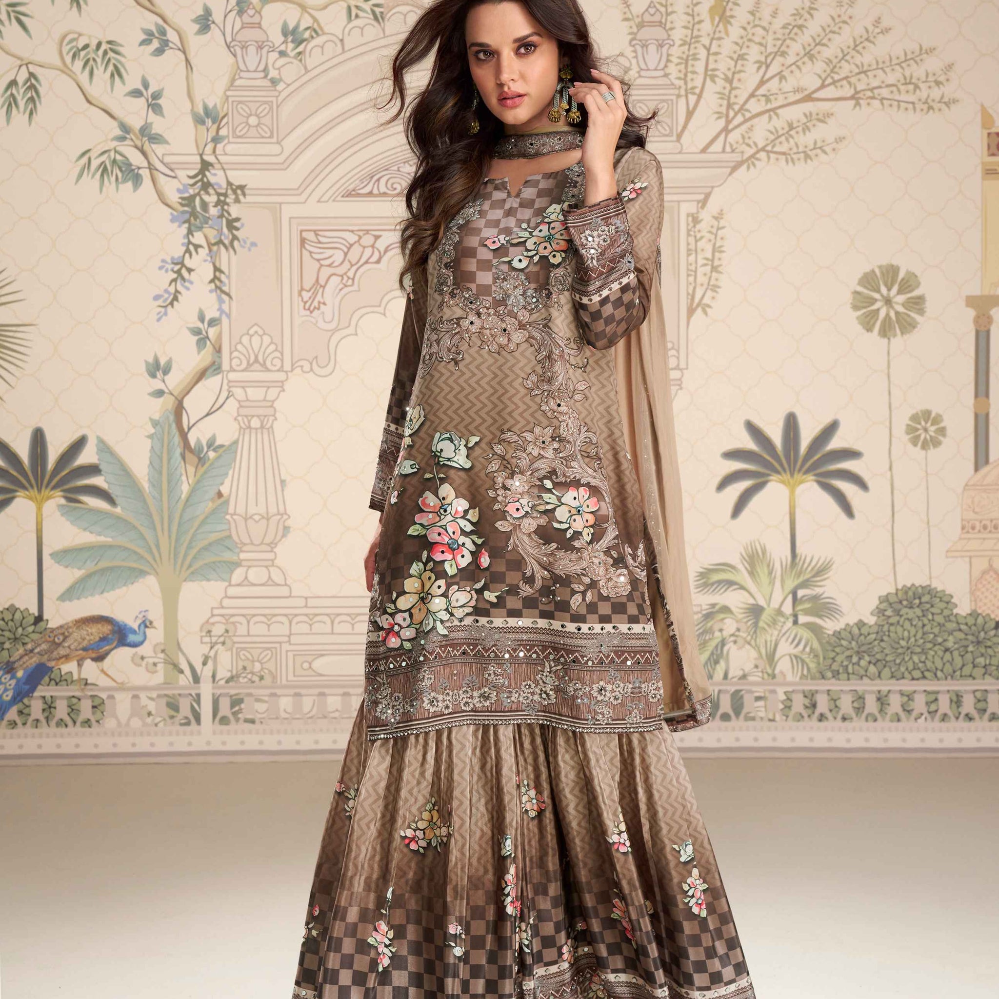Coffee Brown Premium Mirror Work Crepe Silk Sharara Suit