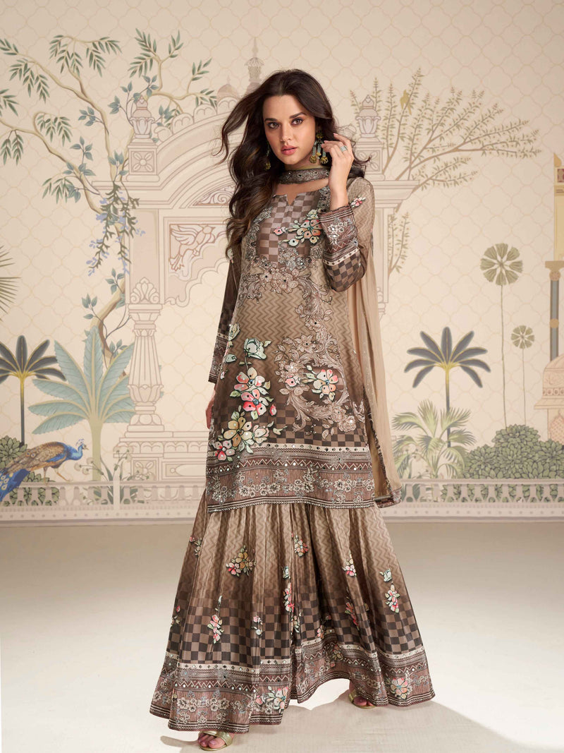 Coffee Brown Premium Mirror Work Crepe Silk Sharara Suit