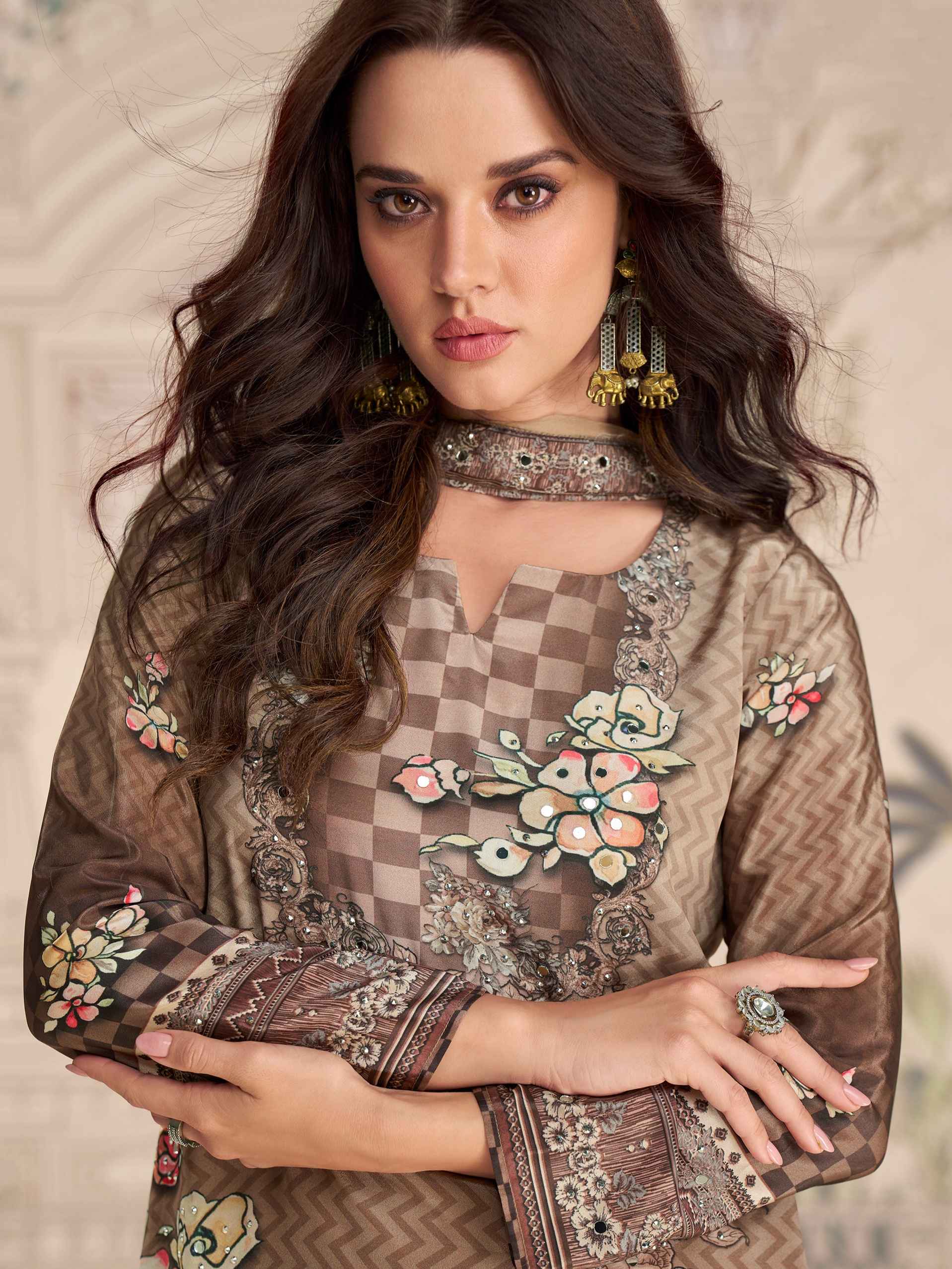 Coffee Brown Premium Mirror Work Crepe Silk Sharara Suit