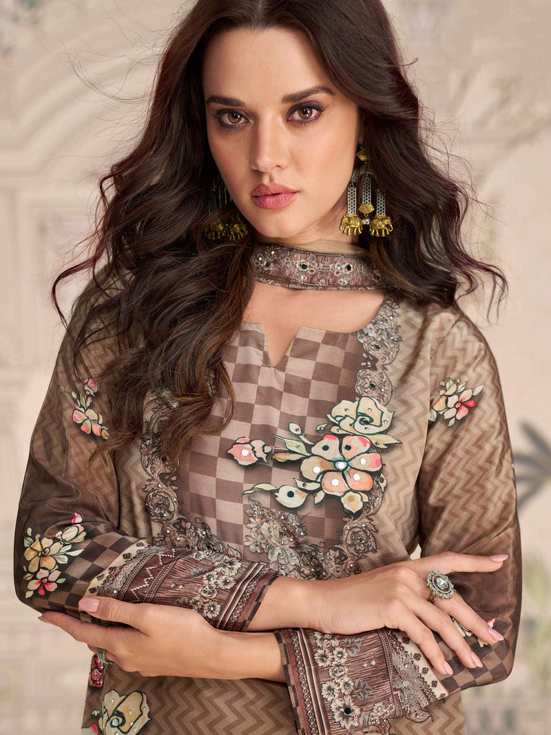 Coffee Brown Premium Mirror Work Crepe Silk Sharara Suit