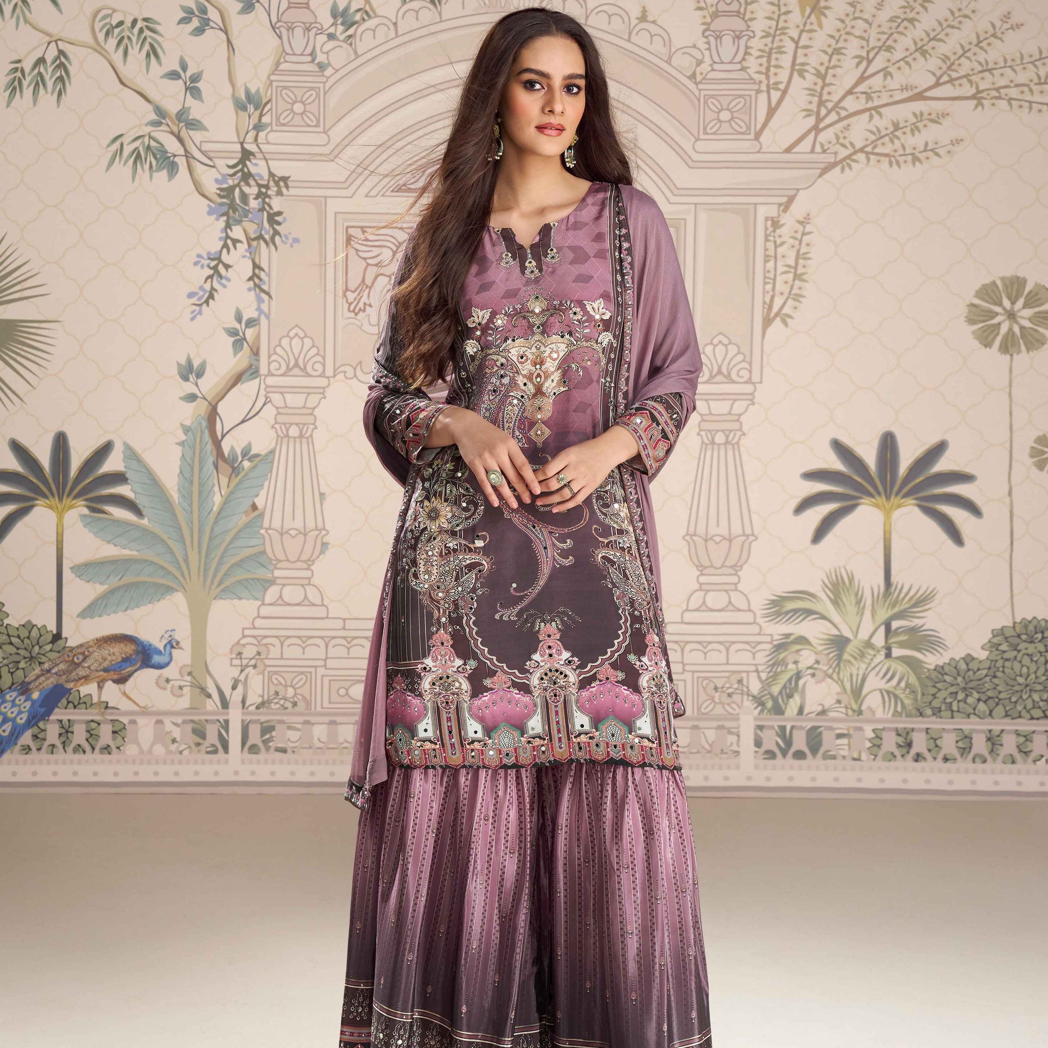 Mauve Purple Designer Mirror Embellished Sharara Suit