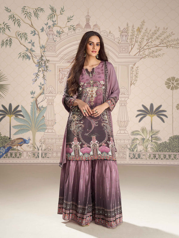 Mauve Purple Designer Mirror Embellished Sharara Suit