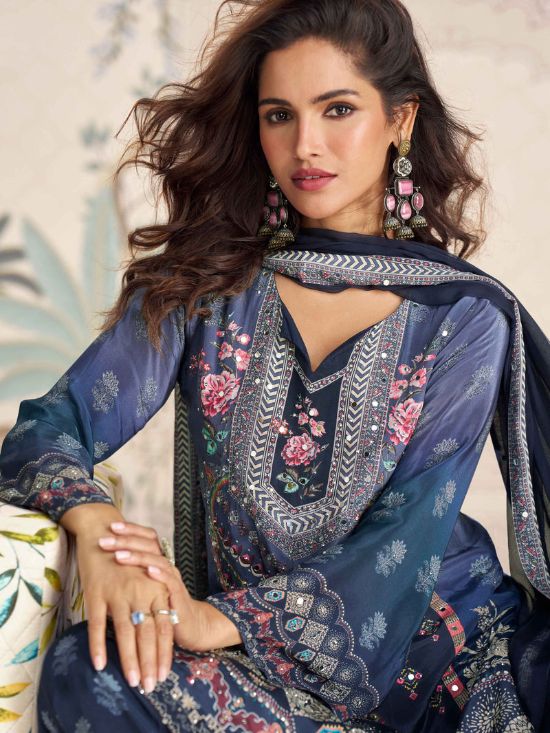 Navy Blue Traditional Mirror Work Crepe Silk Sharara Suit