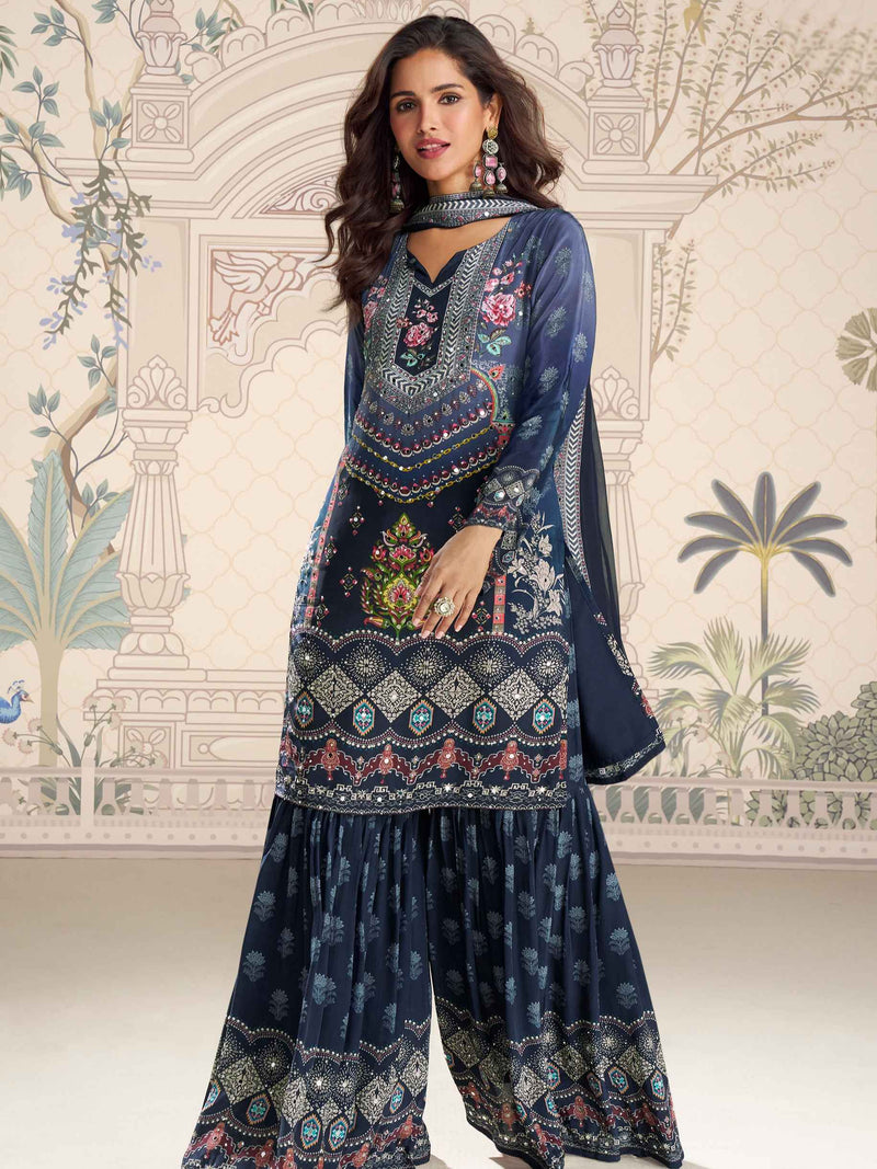 Navy Blue Traditional Mirror Work Crepe Silk Sharara Suit