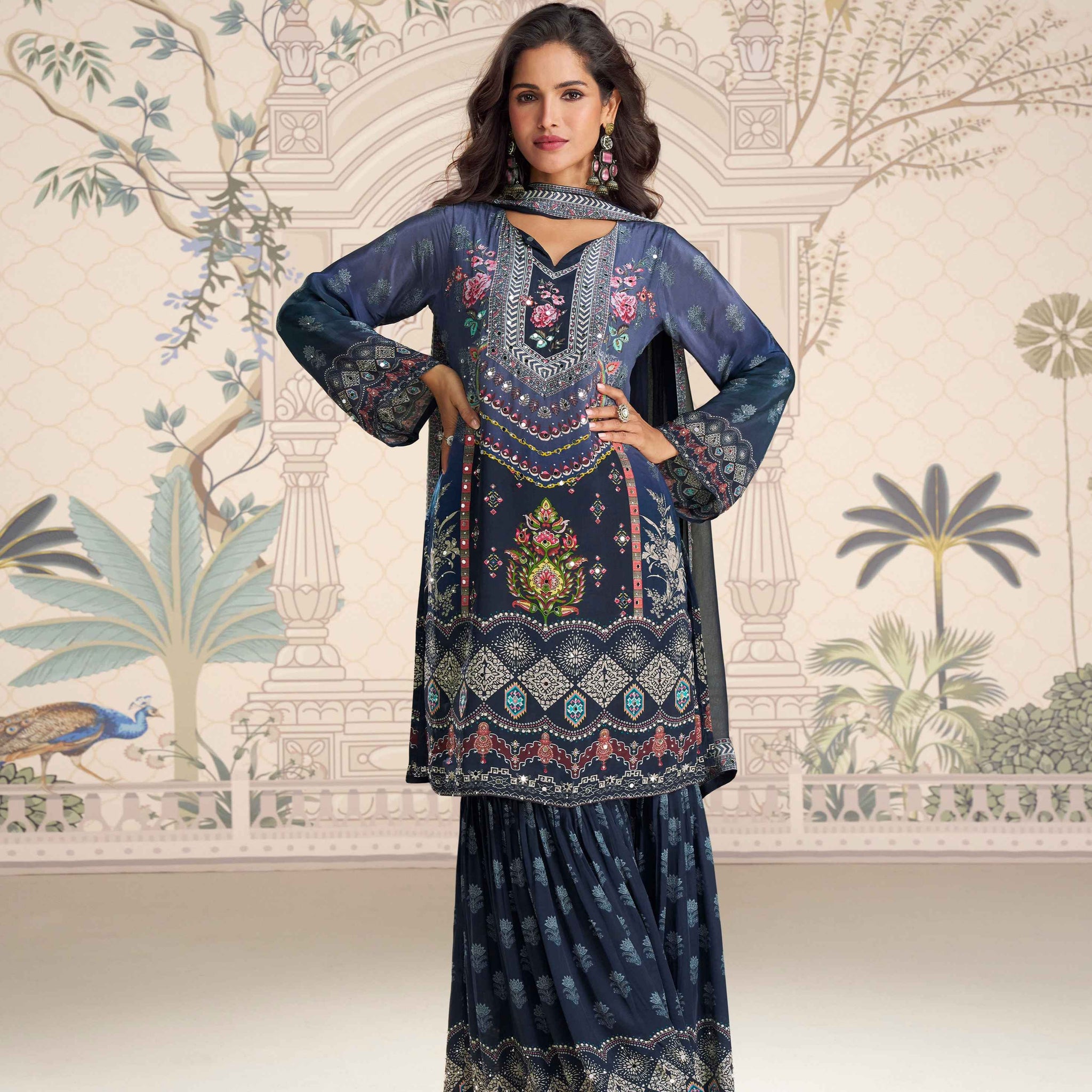 Navy Blue Traditional Mirror Work Crepe Silk Sharara Suit