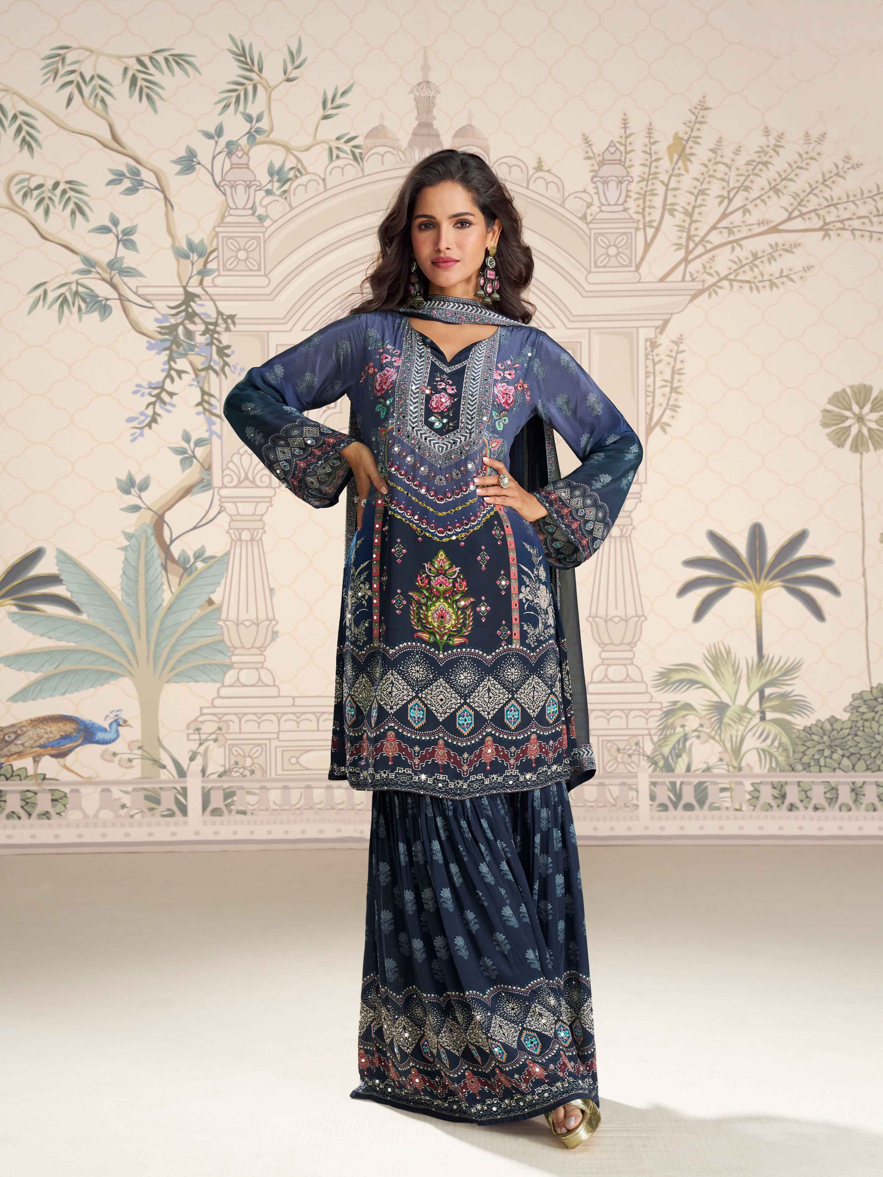 Navy Blue Traditional Mirror Work Crepe Silk Sharara Suit