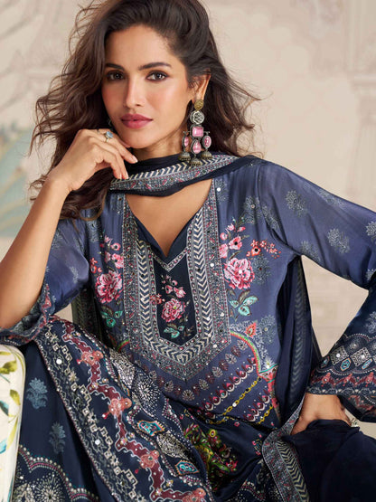 Navy Blue Traditional Mirror Work Crepe Silk Sharara Suit Sharara Suit Anant Tex Exports Pvt.Ltd..
