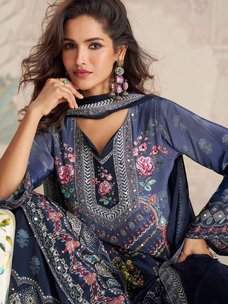 Navy Blue Traditional Mirror Work Crepe Silk Sharara Suit
