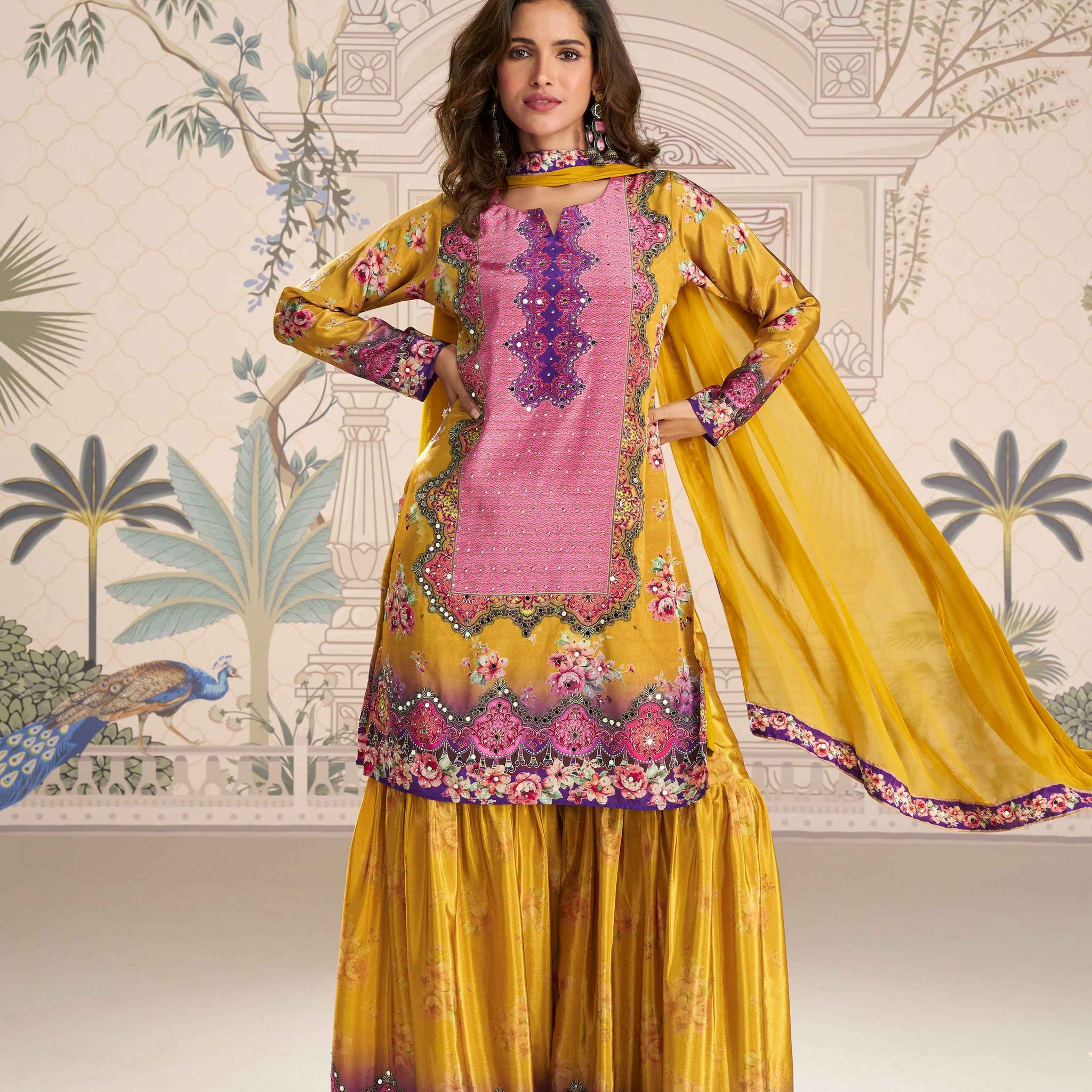 Yellow Embellished Mirror Work Sharara Suit